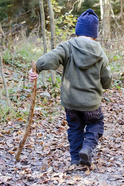 Kind mit Stock im Wald — Stockfoto