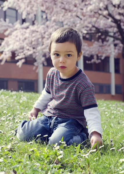 Kind in voorjaar park — Stockfoto