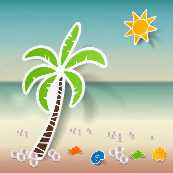 Beach achtergrond met sticker palmboom — Stockvector