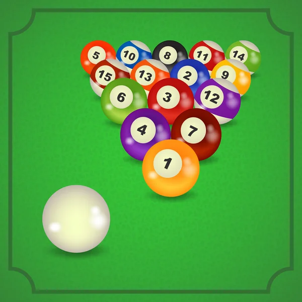 Billiard balls in triangle on green pool table top view. White and colorful pool balls in