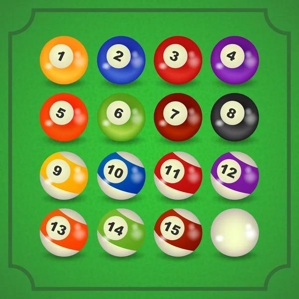 Billiard balls in triangle on green pool table top view. White and colorful pool balls in