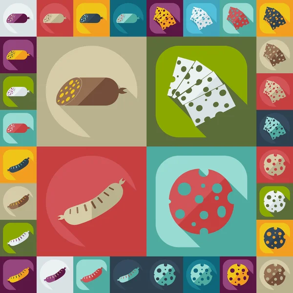 Flat concept, set modern design with shadow meat and cheese — Stockvector