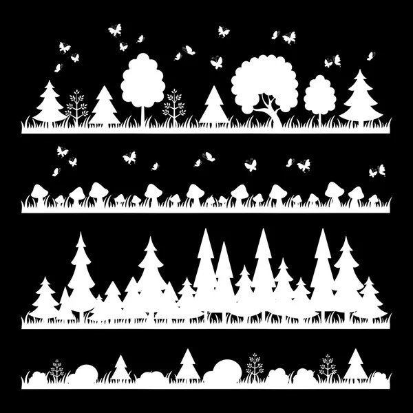 Composition of white wood on black background trees flat style — Stock Vector