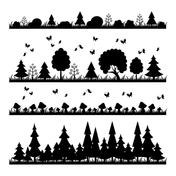 Composición bosque negro sobre un fondo blanco árboles de estilo plano — Vector de stock