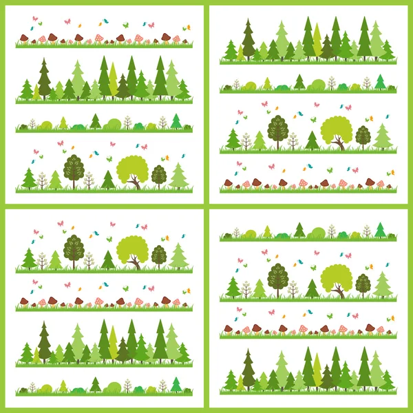 Composition of green wood on white background flat style trees — Stock Vector