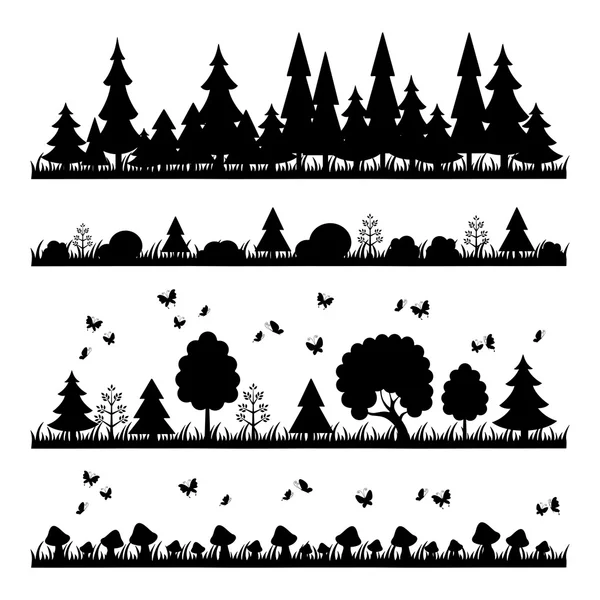 Composición bosque negro sobre un fondo blanco árboles de estilo plano — Vector de stock