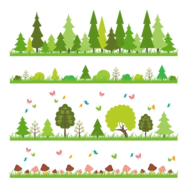 Composition of green wood on white background flat style trees — Stock Vector