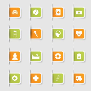 Ayarla, benzersiz kağıt etiketleri simgeleri tıp topluluğu