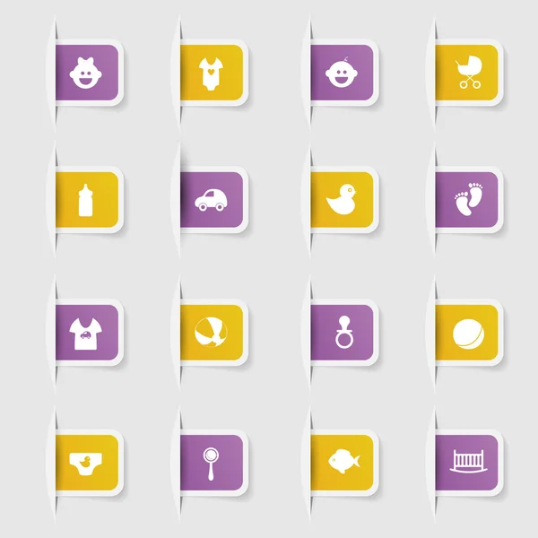 Set, una colección de pegatinas de papel únicas iconos bebé — Vector de stock