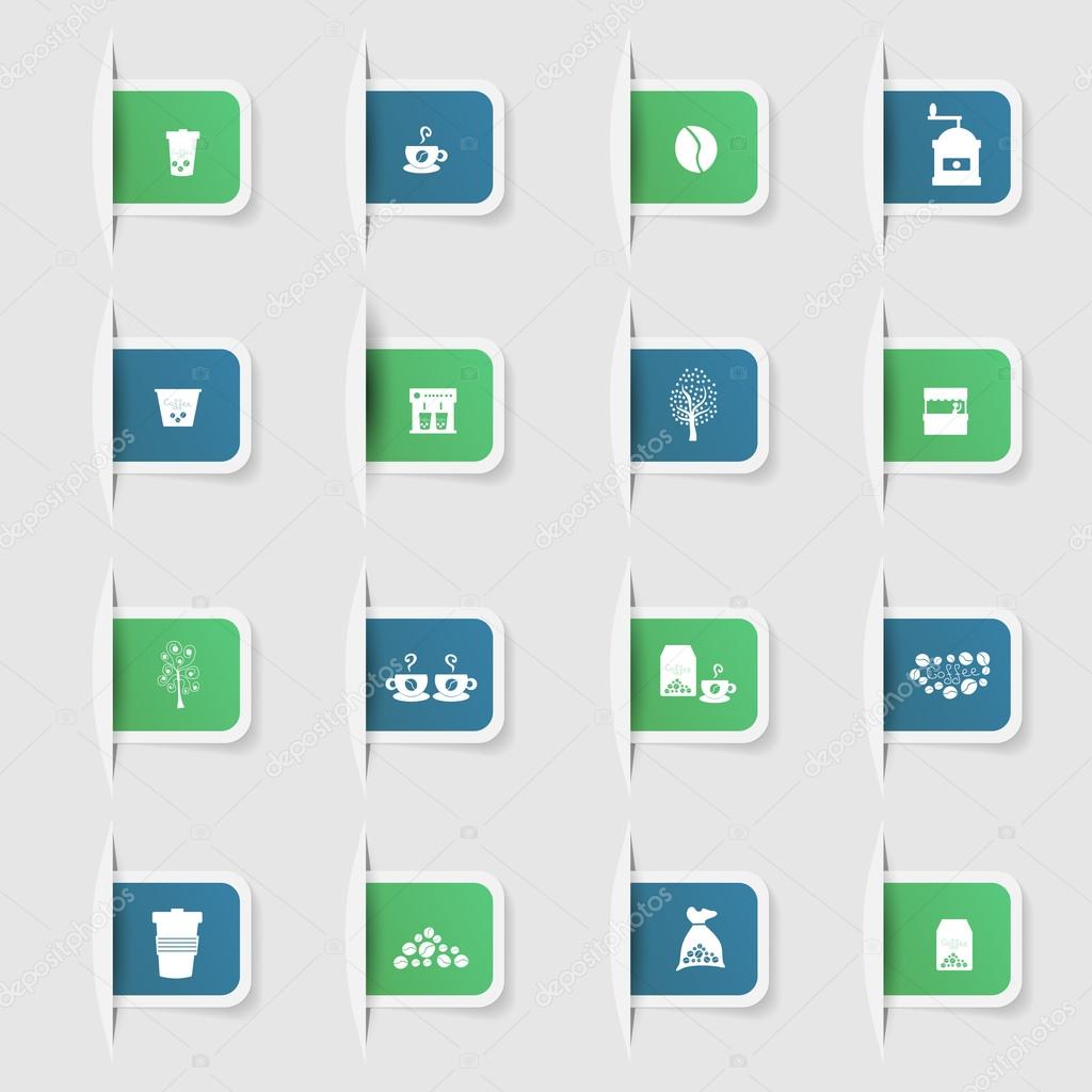 Set, a collection of unique paper stickers icon coffee