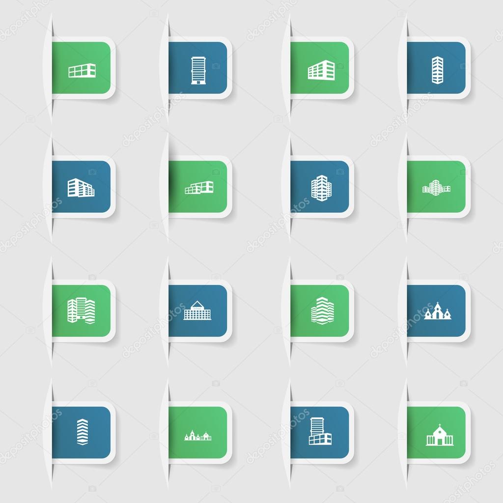 Set, a collection of unique paper stickers icon building