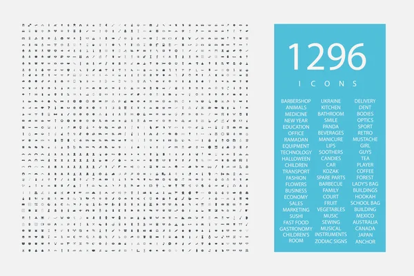 Een enorme assemblage van pictogrammen 1296 stukken op verscheidenheid van onderwerpen — Stockvector