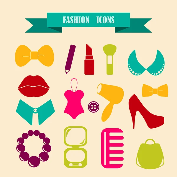 Multicolored icons with tape on the topic fashion — Stock Vector