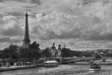 Eyfel Kulesi Paris, Fransa'da Alexandre III Köprüsü beri. Siyah ve beyaz.