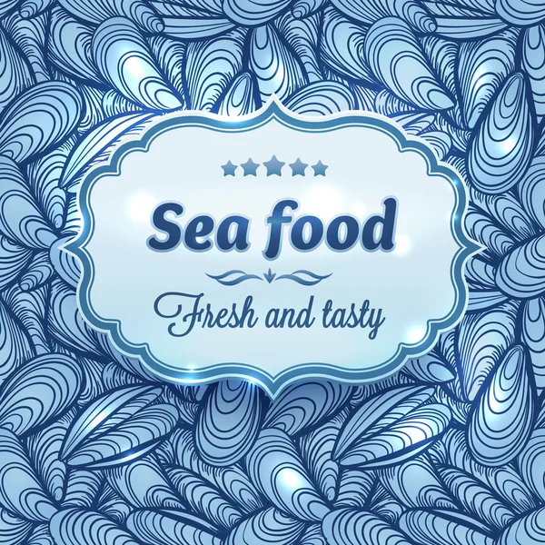 Sea food label on Sea Shells — Stock Vector