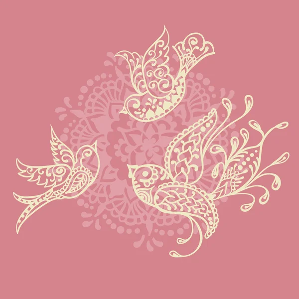 Aves decorativas sobre fondo rosa — Vector de stock