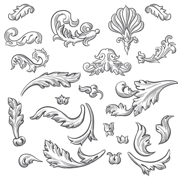 Grabado barroco conjunto de pergamino floral — Vector de stock