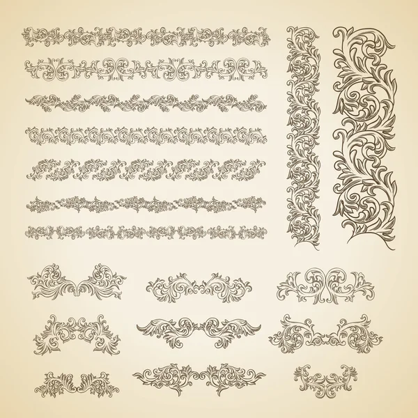 Grabado barroco conjunto de pergamino floral — Vector de stock