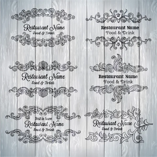 Labels voor restaurant menu op houtstructuur — Stockvector