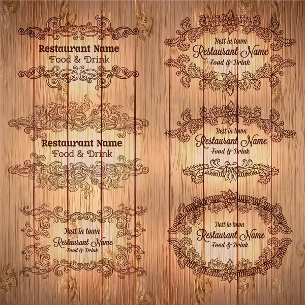 Etiquetas para menú de restaurante sobre textura de madera Ilustraciones De Stock Sin Royalties Gratis