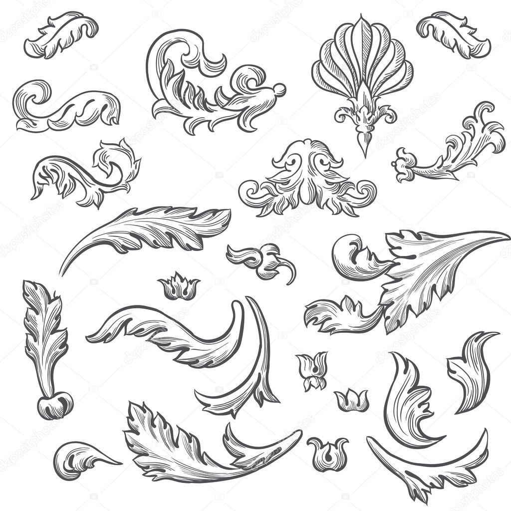 Baroque engraving floral scroll set