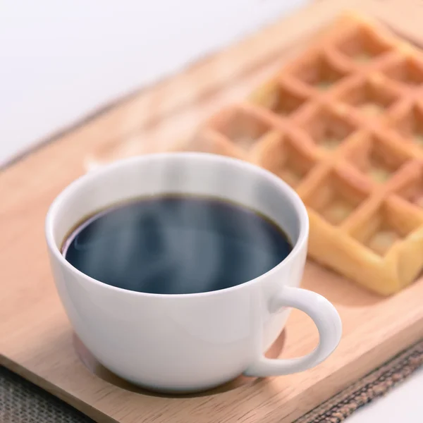 Hot Coffee Waffle Wooden Coaster — Stock Photo, Image