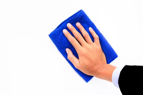 Mano sosteniendo trapo de limpieza azul aislado sobre fondo blanco . —  Fotos de Stock