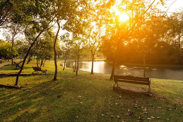 Vintage table with chairs near urban lake in summer. — Stock Photo, Image