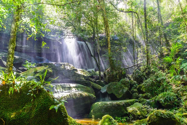 Cascade avec rayon de soleil en forêt tropicale . — Photo