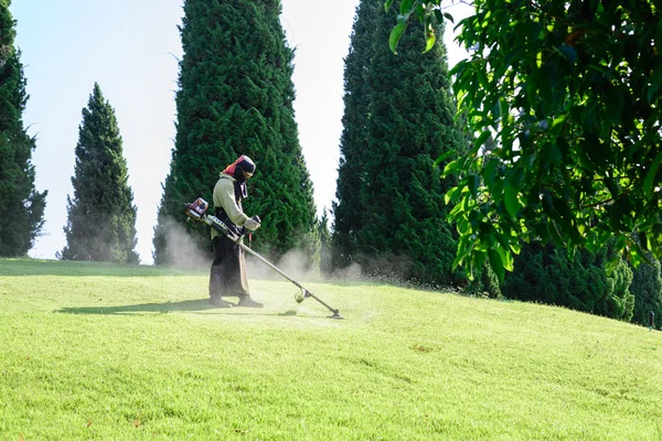 Працівник косіння газону в саду . — стокове фото
