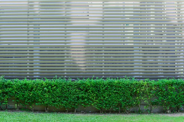 Valla de aluminio con plantas ornamentales rodeadas fábrica . — Foto de Stock