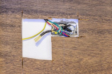 Tehlike elektrikli tel ahşap kontrol paneli.