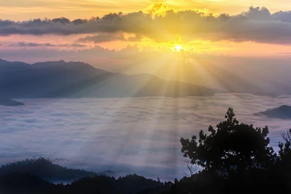 Silhouette du lever du soleil et de la brume avec montagne au parc national Huai Nam Dang à Chiang Mai et Mae Hong Son, Thaïlande . — Photo