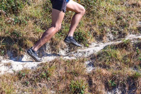 Closeup of runner's legs in nature trail running. — Stock Photo, Image