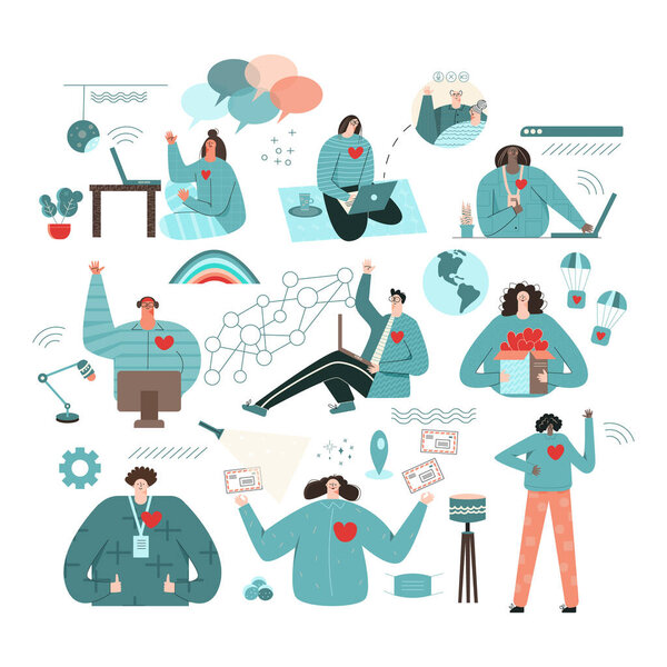 Концепция виртуальных волонтерских возможностей. Установить места для благотворительности онлайн плоские векторные иллюстрации. Международное сообщество оказывает поддержку нуждающимся. Командная работа волонтерство, поддержка и помощь для человека