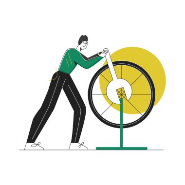 Bisiklet tamir eden genç adam beyaz arka planda izole edilmiş modern düz vektör çizimi