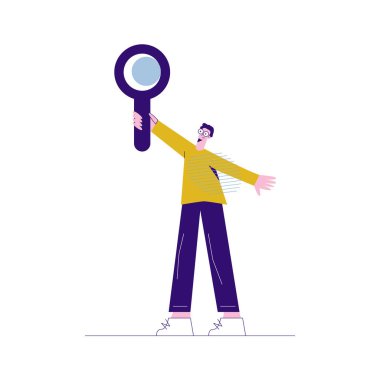 Bir adam elinde büyüteçle beyaz arka planda izole edilmiş düz vektör çizimi tutuyor.