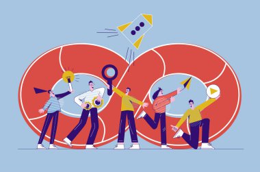 DevOps teamwork concept. Young men and women are working. Programming, coding, testing, launching. Software life cycle. Modern flat vector illustration with characters isolated on white background clipart svg vector 