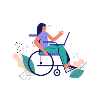 Tekerlekli sandalyedeki engelli kadın düz vektör çizimi beyaza izole edildi