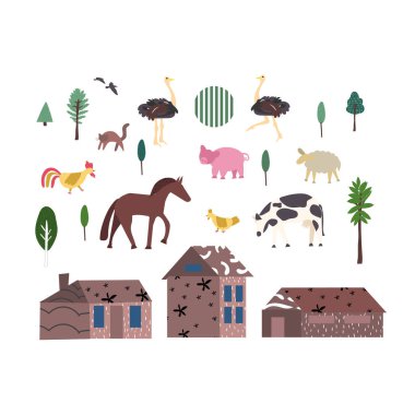 Çiftlik hayvanları inek, koyun, koyun, horoz, tavuk, devekuşu, koyun çizimi.