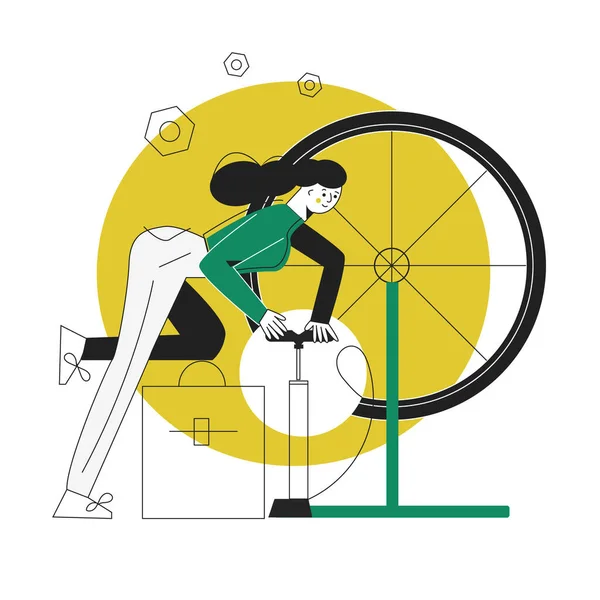 Vrouw fiets monteur in een werkplaats in het reparatieproces platte vector illustratie — Stockvector