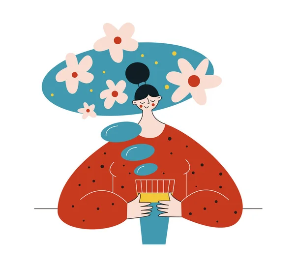 Té de hierbas Mujer joven linda con tisane personaje femenino oriental plana vector ilustración — Archivo Imágenes Vectoriales