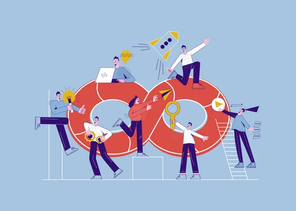 Geliştirme işlemleri simgesi düz vektör illüstrasyonlu DevOps konsept ekip oluşturma