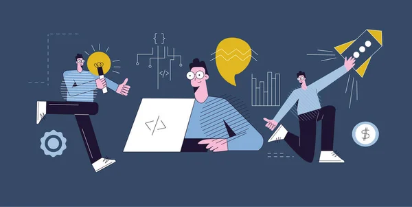 Yazılım yaşam döngüsünü başlatmak için takım çalışması fikri programlama kodlama testi. Modern düz vektör illüstrasyonu