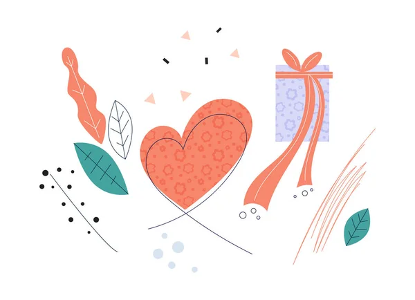 Valentines Den slavnostní prvky set Květiny srdce dárek plochý vektor ilustrace — Stockový vektor
