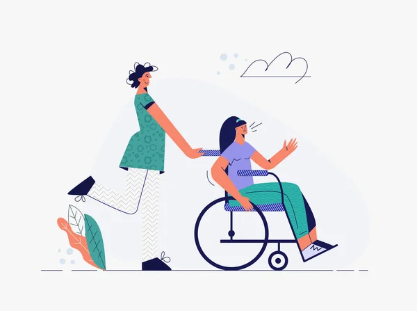 Zorg en ondersteuning van gehandicapten concept platte vector illustratie — Stockvector