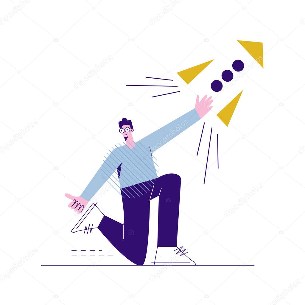 A young guy launches a rocket Flat vector illustration isolated on white background