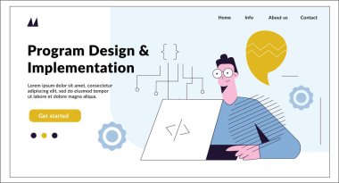 Program Design Implementation landing page heading concept. Template for website. Young man working. Idea, programming, coding, testing, launching. Modern flat vector illustration isolated on white clipart svg vector 