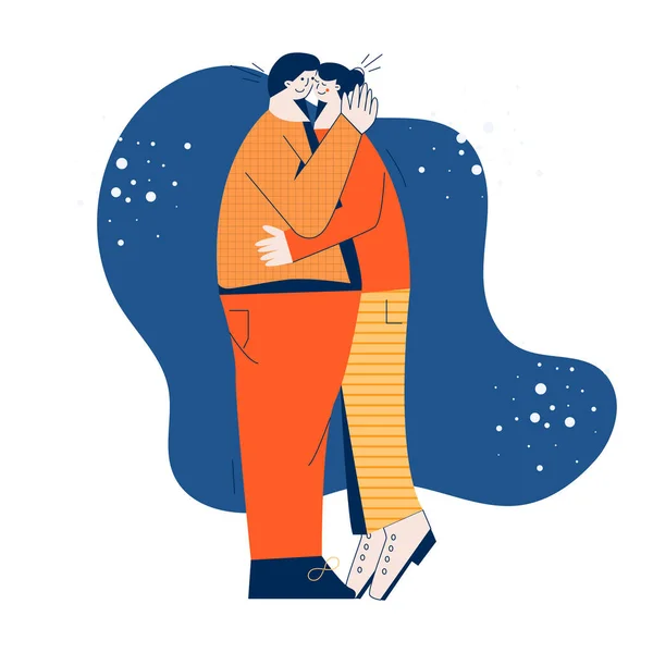 Vacaciones de invierno pareja romántica Hombre y mujer en el amor abrazos abrazos y besos Moderna ilustración vector plano — Vector de stock