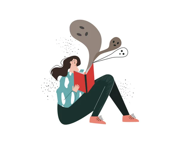 一个年轻的女孩读了一本恐怖的书： 《害怕鬼魂》 ，书中强调焦虑、恐惧感和感情 — 图库矢量图片